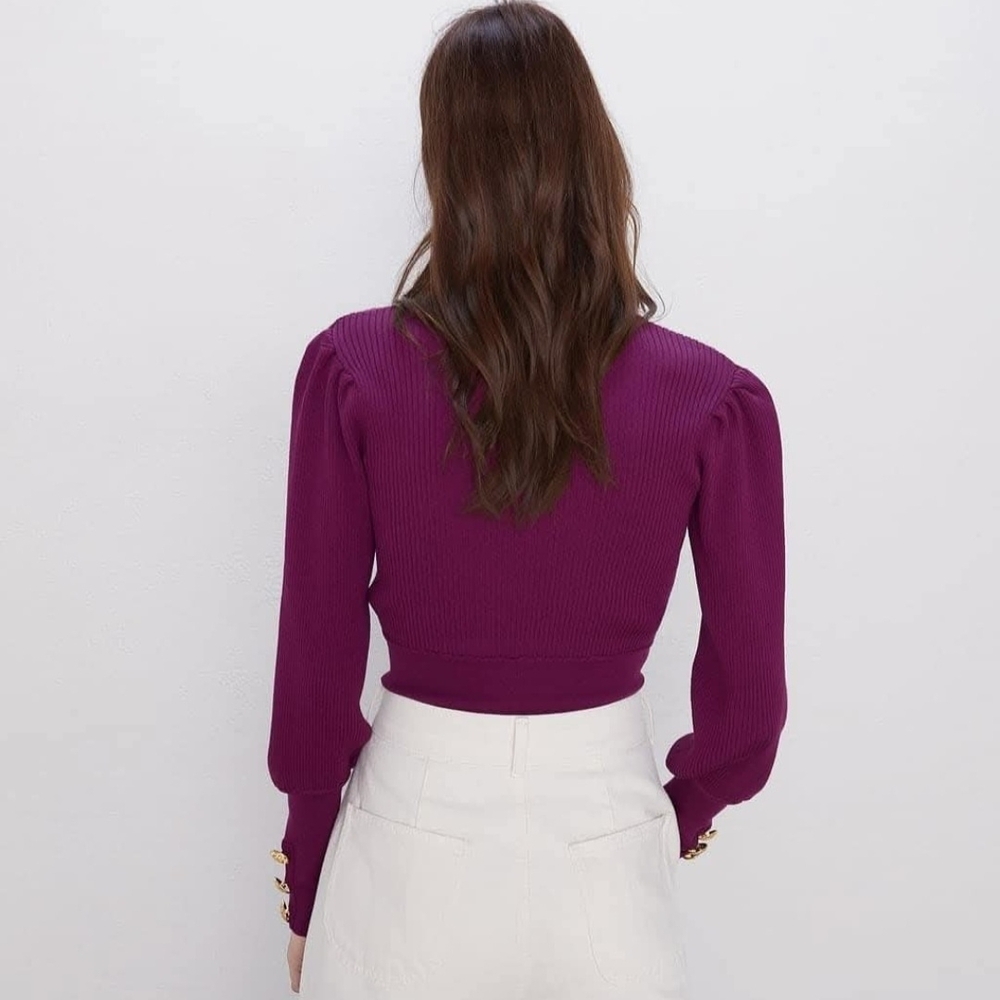 Zara Purple Puff-Sleeve Ribbed Knit Sweater Size S Minimalist Feminine Retro 80s - Picture 3 of 11